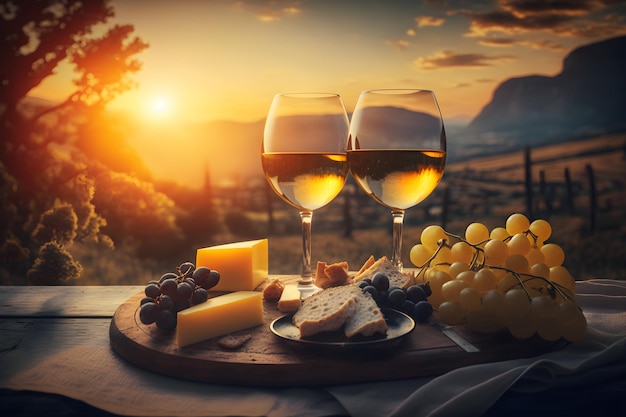 Vista idílica do fundo do pôr do sol com dois copos de uvas de queijo de vinho branco