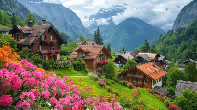 Vista idílica de verano de la aldea de Wengen en los Alpes suizos con coloridas flores y majestuosas montañas