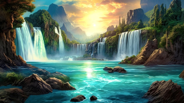 Vista iluminada pelo sol de um lago e cachoeira com Wild Forest TreesParadise