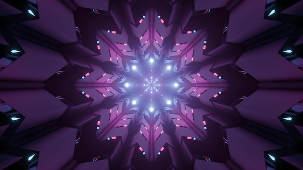 Vista de la ilustración 3d a través de la perspectiva del túnel futurista con agujeros geométricos en forma de estrella e iluminación de neón púrpura para diseños de arquitectura de ciencia ficción
