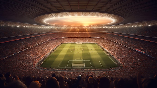 Vista de ilustración dentro de un estadio de fútbol con espectadores completos Generative Ai