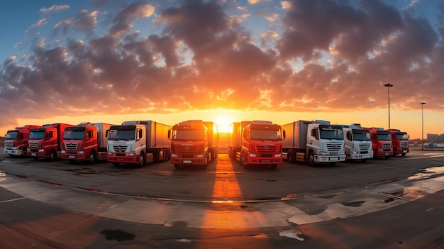 Una vista impresionante Camiones estacionados frente a los majestuosos colores de un amanecer radiante