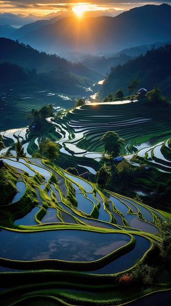 una vista impresionante de los campos de arroz en terrazas de Indonesia