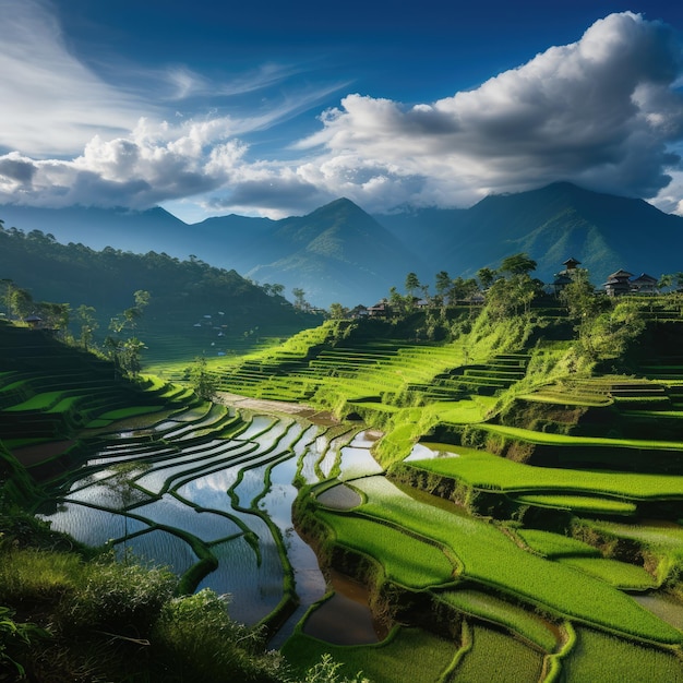 una vista impresionante de los campos de arroz en terrazas de Indonesia