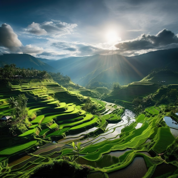 una vista impresionante de los campos de arroz en terrazas de Indonesia