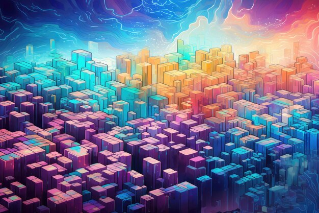 Una vista impresionante de un colorido paisaje urbano frente a un fascinante cielo lleno de arcoíris. Representación abstracta de la tecnología blockchain en una paleta de colores psicodélicos generada por IA.