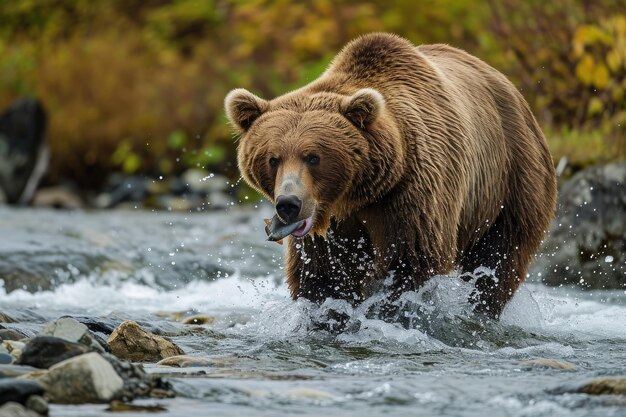 Una vista impresionante: un gran oso pardo cruzando con gracia el río en su hábitat natural. Un oso grizzly en la orilla del río atrapando bruscamente un pez en su boca. Generado por IA.