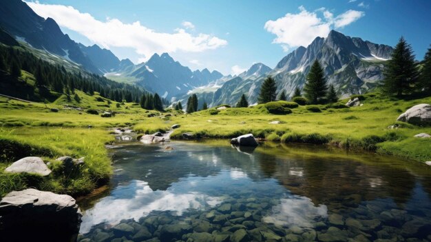 Foto una vista impresionante de un lago de montaña rodeado de exuberante vegetación durante el verano