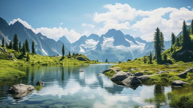 Foto una vista impresionante de un lago de montaña rodeado de exuberante vegetación durante el verano