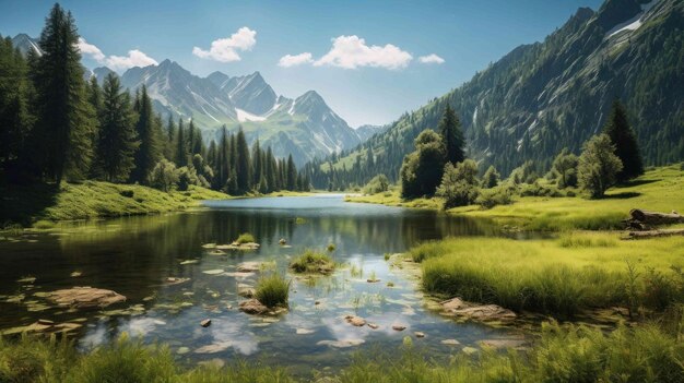 una vista impresionante de un lago de montaña rodeado de exuberante vegetación durante el verano