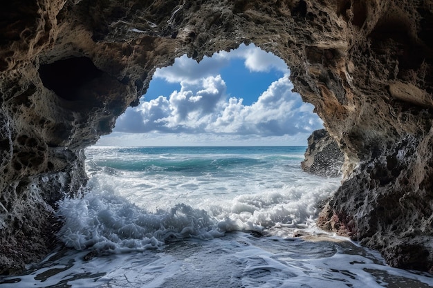 Una vista impresionante del océano expansivo mientras se asoma a través de la apertura de una cueva.