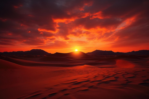 Una vista impresionante de la puesta de sol sobre un paisaje desértico que muestra colores deslumbrantes y un extenso terreno arenoso. Impresionante puesta de sol sobre el desierto del Sahara generada por IA.