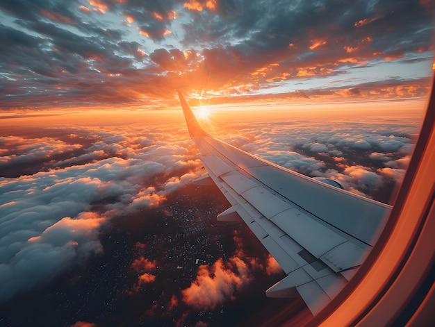 Una vista impresionante de una puesta de sol a través de la ventana de un avión sobre un paisaje cubierto de nubes