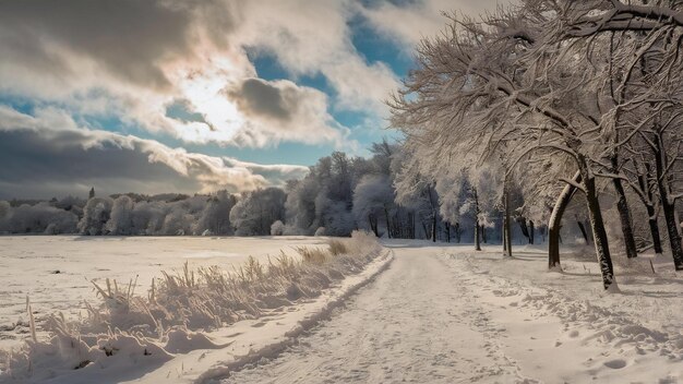 Una vista impresionante de un sendero y árboles cubiertos de nieve que brillan bajo el cielo nublado en Croacia