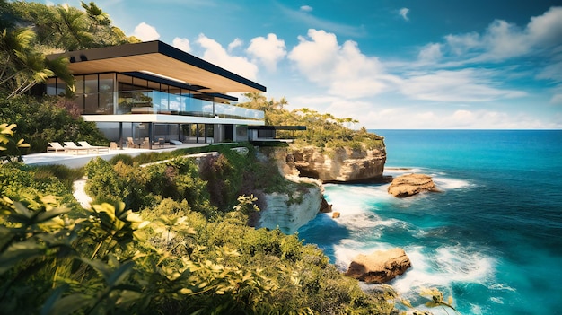 Una vista impresionante de una villa moderna con vistas a una playa virgen y un océano cristalino en un paraíso tropical