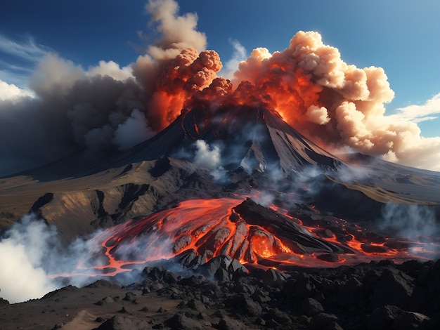 una vista impresionante de un volcán con lava fluyendo por sus laderas y un cielo azul claro por encima