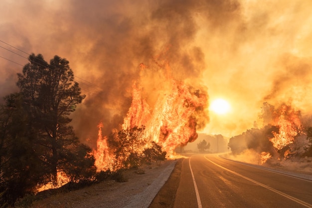 Foto vista de un incendio forestal junto a la carretera