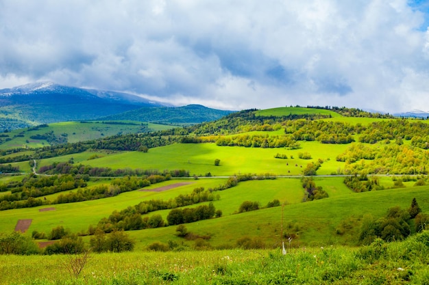 Vista incrível da natureza maravilhosa com vale entre montanhas sob nuvens pesadas