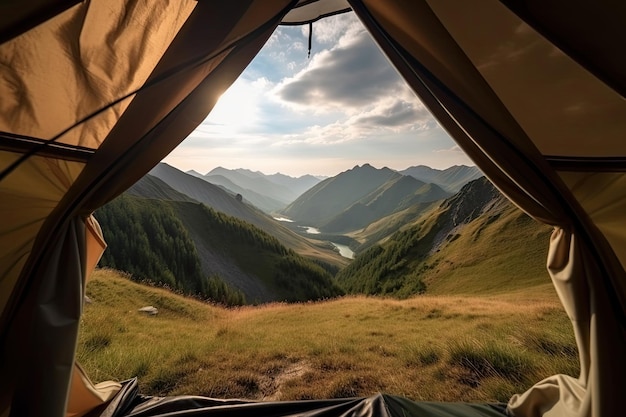 Vista incrível de dentro da tenda para a paisagem montanhosa Acampamento durante a caminhada nas montanhas Generative ai