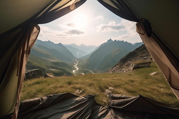 Vista incrível de dentro da tenda para a paisagem montanhosa acampamento durante caminhada nas atividades ao ar livre nas montanhas criado com generative ai