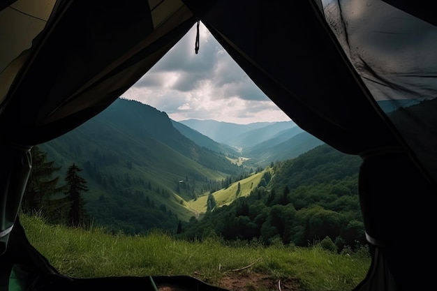 Vista incrível de dentro da tenda para a paisagem montanhosa Generative ai