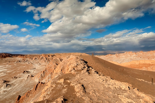 Vista incrível no Valle de la Luna e nuvens dramáticas. Deserto do Atacama. Chile. América do Sul