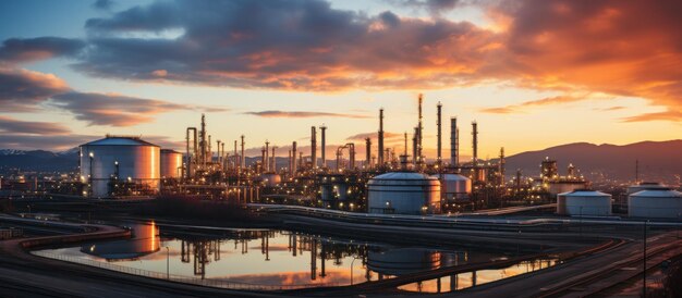 Foto vista industrial de cerca en la planta de refinería de petróleo forma zona industrial con amanecer y cielo nublado