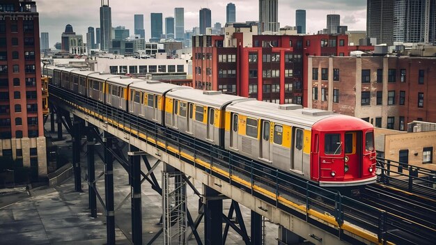 Vista industrial de um trem de metrô elevado em Chicago