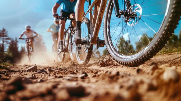 Vista inferior de ciclistas de montaña pateando polvo y rocas en una imagen generada por IA en una carrera
