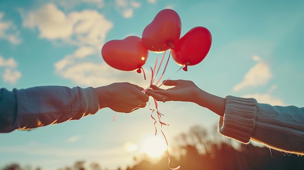 Vista inferior del cielo con manos de pareja sosteniendo globos de corazón rojo