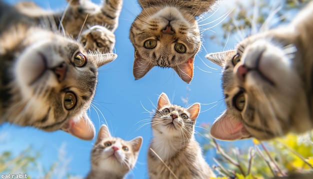 Foto vista inferior de um grupo de gatos vendo a câmera