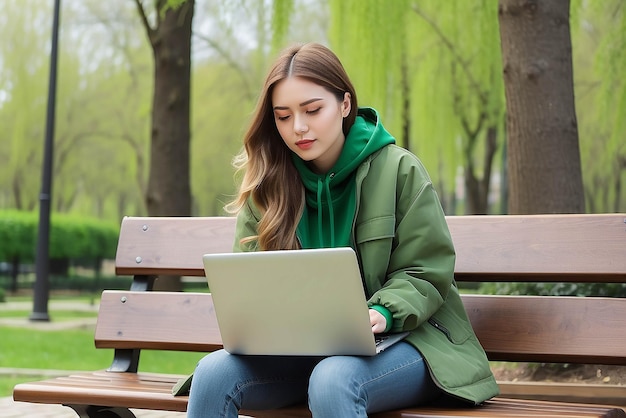 Foto vista inferior joven estudiante independiente mujer con chaqueta verde vaqueros sentarse en un banco en el parque de primavera al aire libre descansar usar portátil pc computadora hablar por teléfono celular mirar a un lado gente concepto de estilo de vida urbano