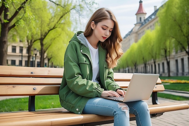 Foto vista inferior joven estudiante independiente mujer con chaqueta verde vaqueros sentarse en un banco en el parque de primavera al aire libre descansar usar portátil pc computadora hablar por teléfono celular mirar a un lado gente concepto de estilo de vida urbano