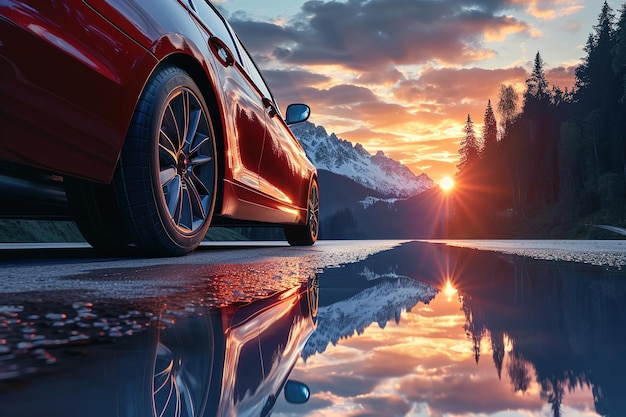 Vista inferior traseira carro vermelho asfalto molhado estrada florestal nascer do sol nublado céu montanhas nevadas fundo