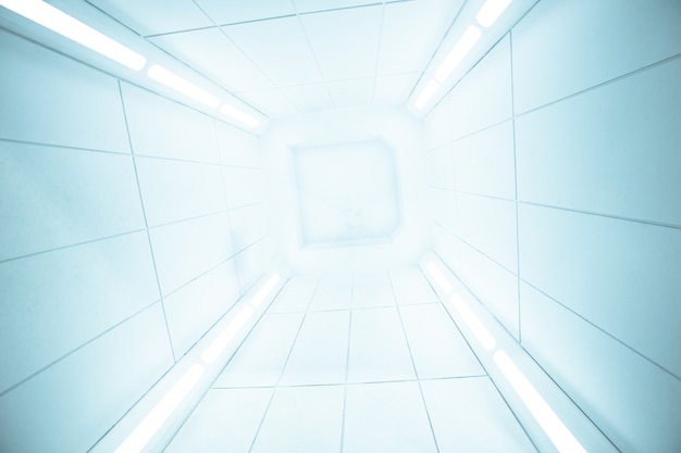 Vista interior del centro de la nave espacial con textura blanca brillante,