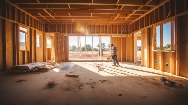 Vista interior de la construcción de una casa de madera