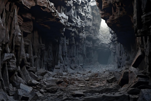 Vista interior de una cueva oscura con luz que viene desde el extremo