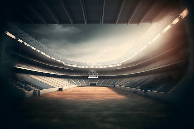 Vista interior de um estádio de futebol iluminado para um jogo Arte gerada por rede neural