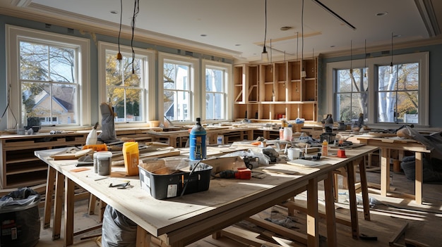 vista interior de uma cozinha moderna de madeira com tábuas de madeira e garrafas de vidro ao fundo cozinha moderna em casa nova