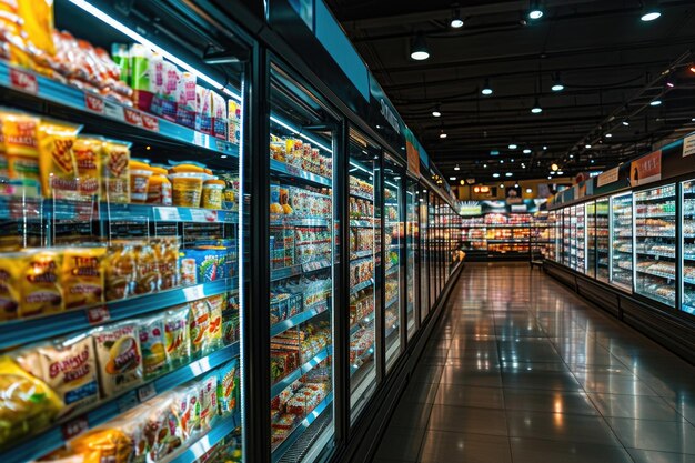 Vista interior de uma enorme geladeira com vários alimentos congelados de marca na mercearia Jaya