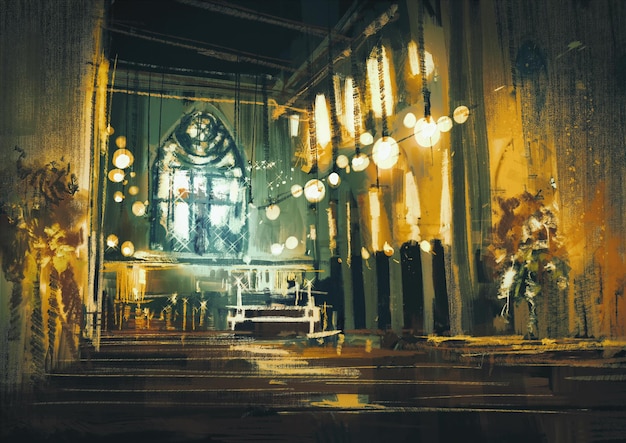 vista interior de uma igreja e luz dramática, pintura de ilustração