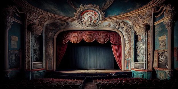 Vista interior do antigo teatro de cinema Palco vintage de teatro Sala de teatro vazia IA generativa