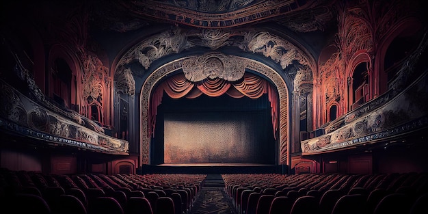 Vista interior do antigo teatro de cinema Palco vintage de teatro Sala de teatro vazia IA generativa