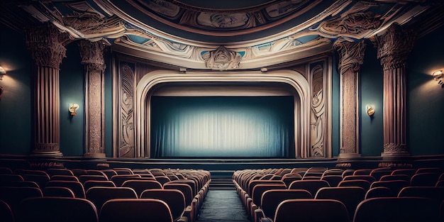 Vista interior do antigo teatro de cinema Palco vintage de teatro Sala de teatro vazia IA generativa