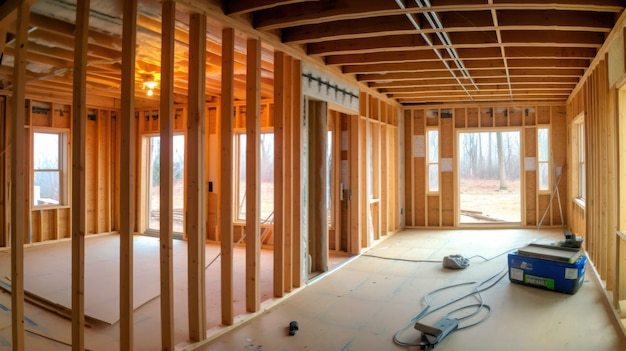 vista interior del edificio de madera en construcción