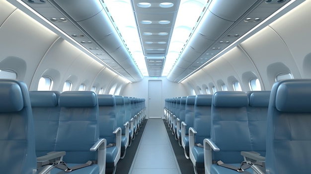 Vista interior elegante de avião com assentos azuis vazios Design moderno de cabine para viagens confortáveis Corredor claro Atmosfera pacífica Tecnologia de aviação IA