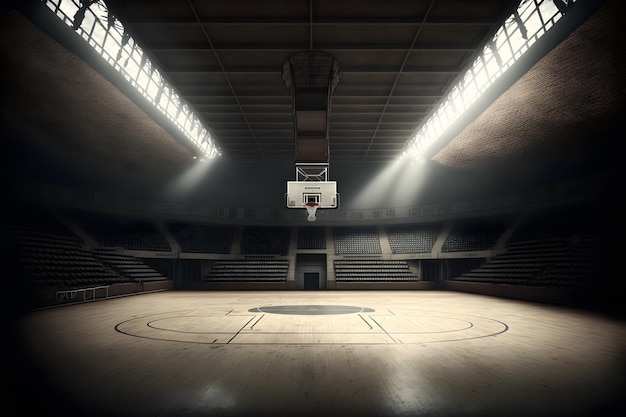 Vista interior de un estadio de baloncesto iluminado para un juego Arte generado por redes neuronales