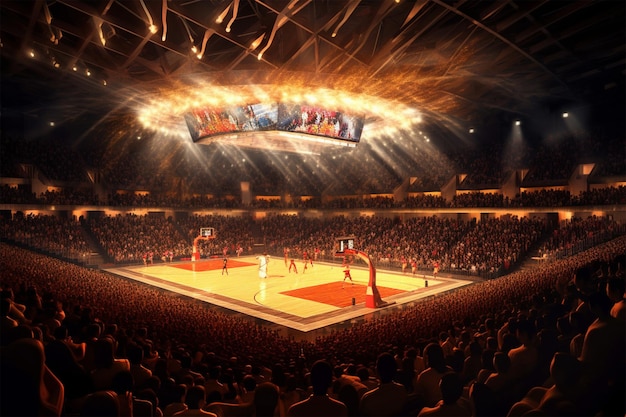 Vista interior de un estadio de baloncesto iluminado para un juego