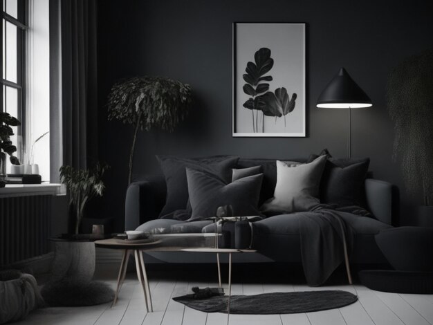 Foto vista del interior de estilo escandinavo moderno con sofá vista cercana tema oscuro generado ai