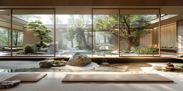 Vista desde el interior con estilo inspirado en el zen en el interior de la casa de jardín japonesa